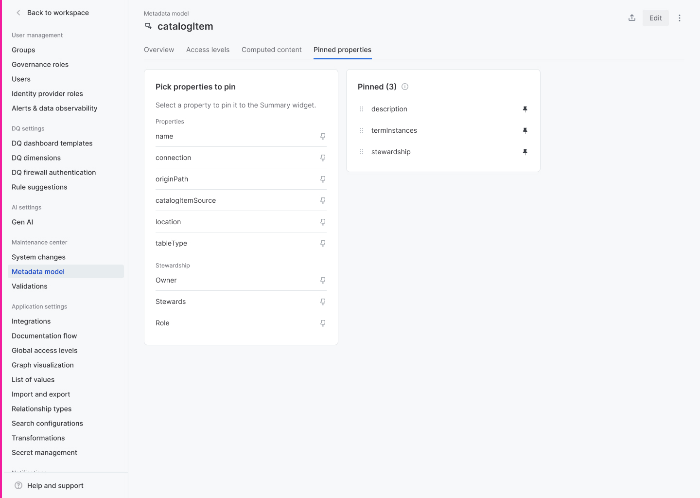 The Pinned properties configuration: a Pick properties to pin list on the left, the pinned set on the right