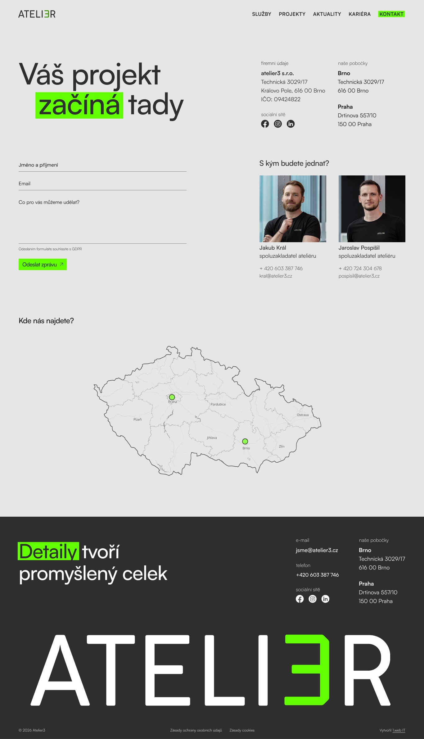 Atelier3 contact page: form, founders, office map