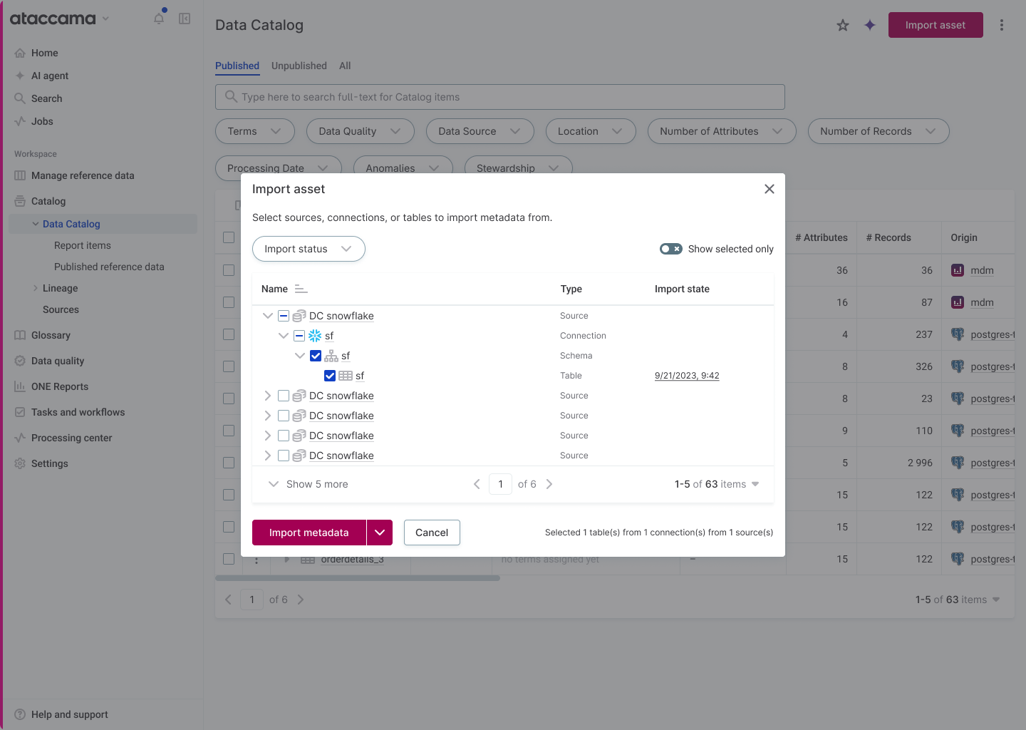 The Data Catalog with the new Import asset modal open over the listing