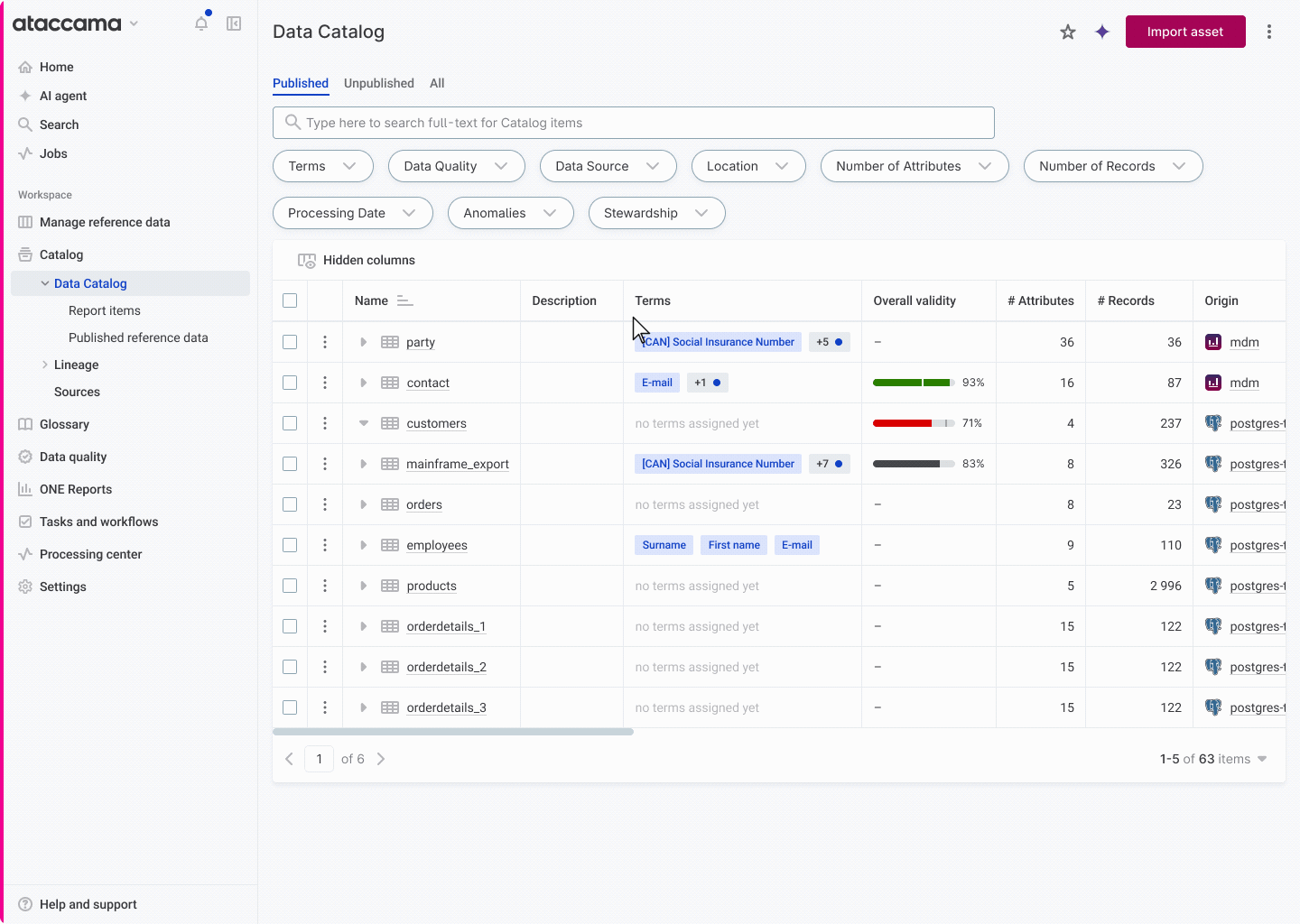 The redesigned import flow in action: opening Import asset from the Data Catalog and selecting metadata in one view