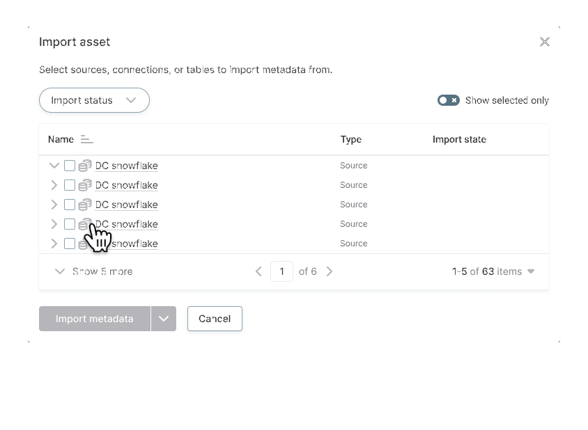 Import asset modal workflow: cursor selects checkboxes through initial, browsing, and selected states