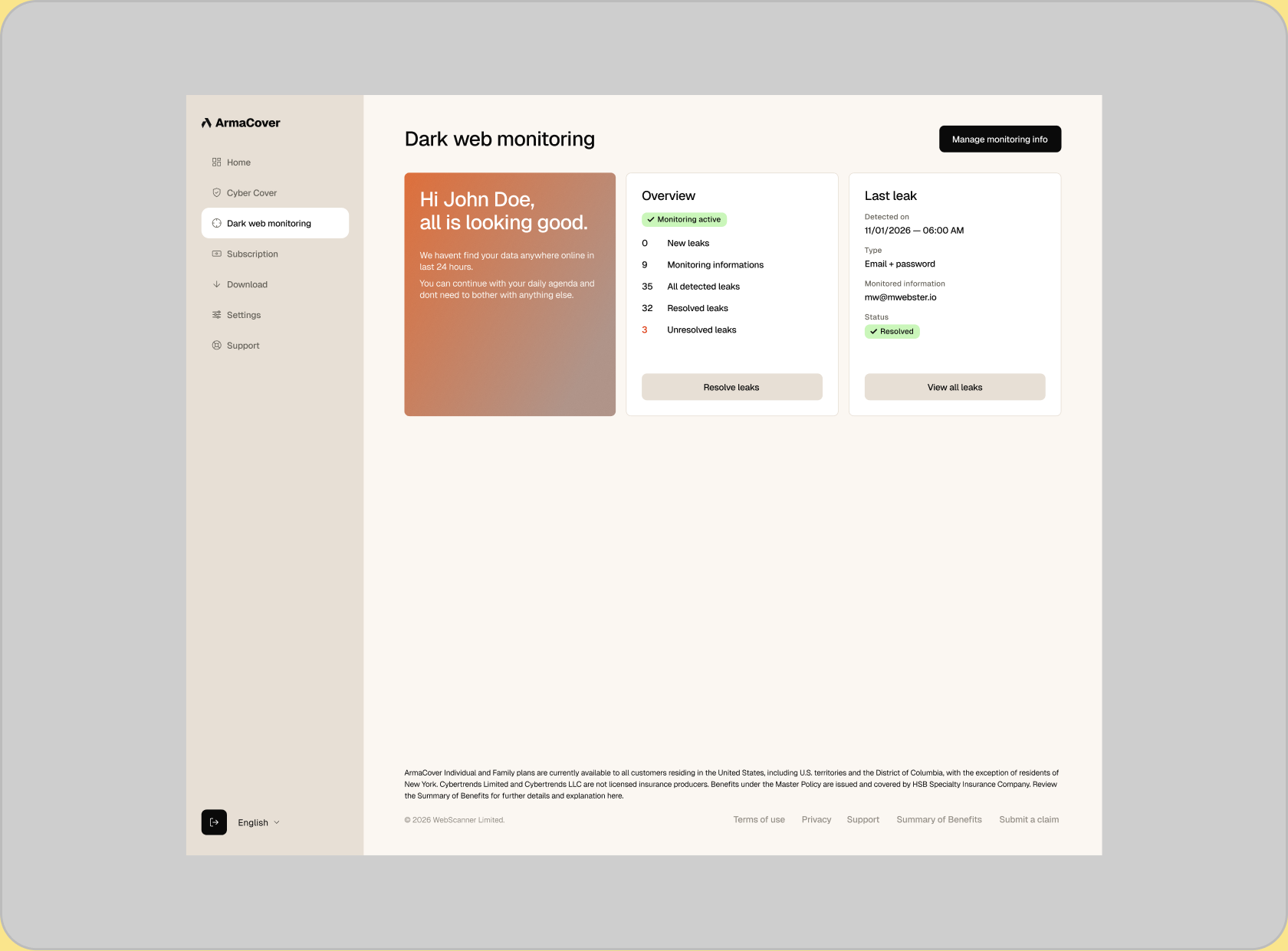 ArmaCover — Dark web monitoring