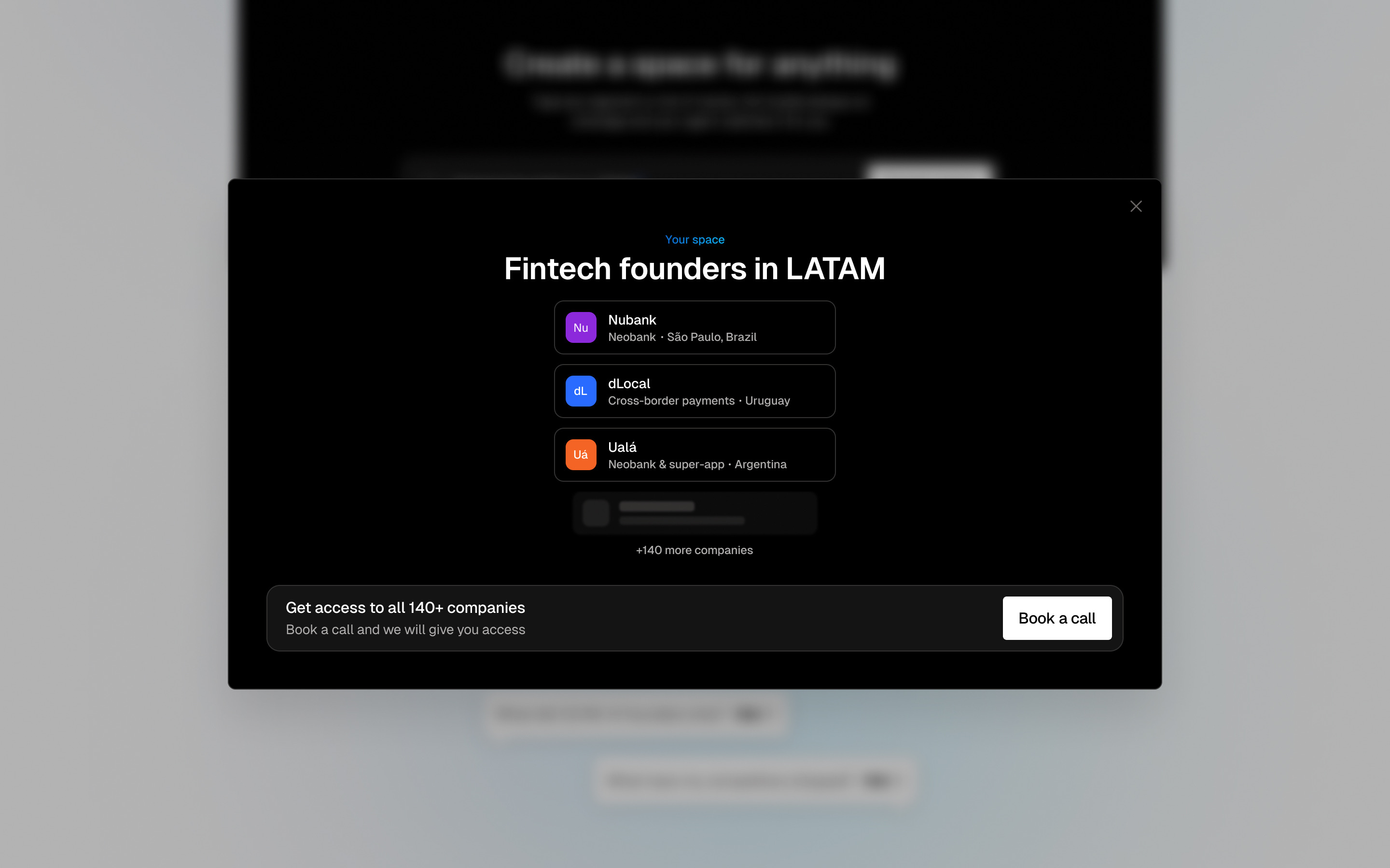Custom space preview: Fintech founders in LATAM, with a call to book access
