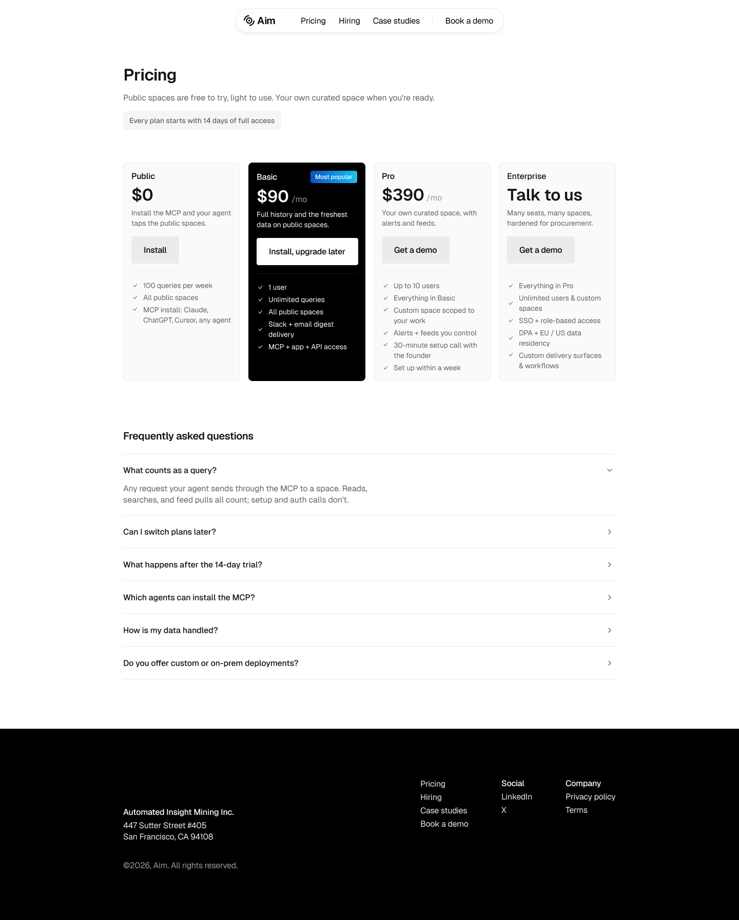 Aim pricing page with four plans and FAQ